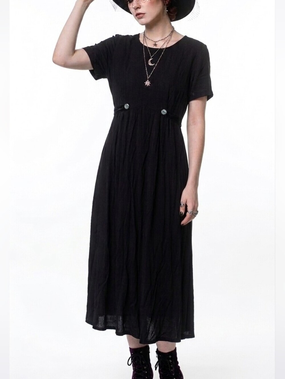 Vintage 90s S.L. Fashions Abalone Button Maxi Dress Black 16